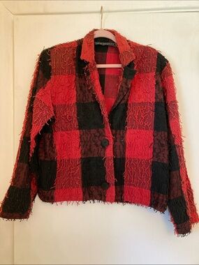 Red & Black Textured Check Single-Breasted Blazer by New Identity